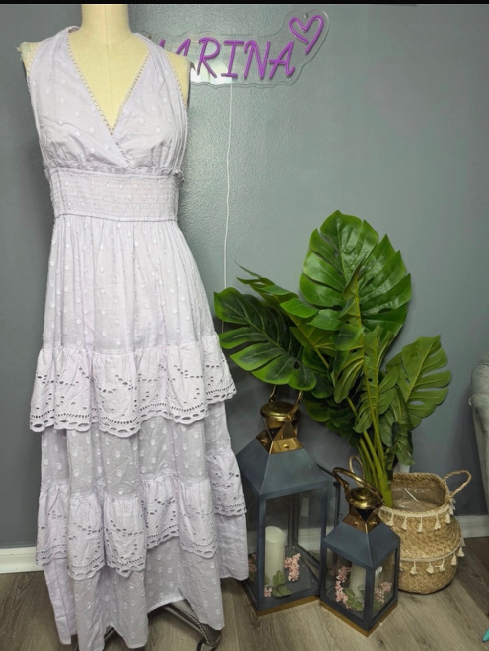 %100 cotton Smocked Waist Lavender Maxi Dress with Eyelet Tiers